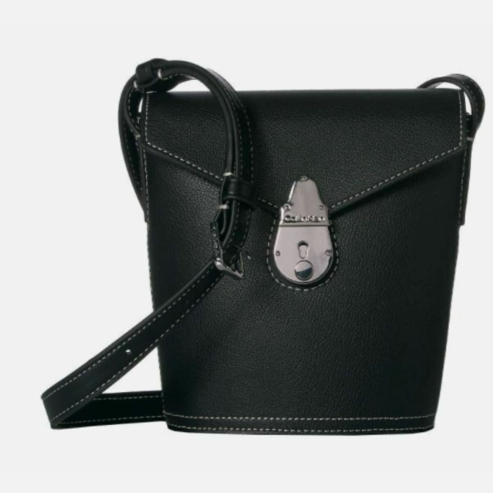Calvin Klein Statement Series Leather Lock Crossbody Bucket Bag Black SILVER